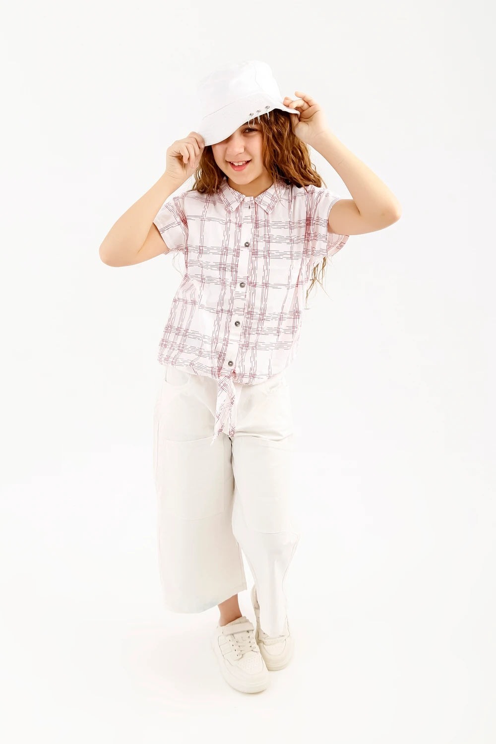 Girls Plaid Tie-Front Shirt and White Cargo Culottes Set