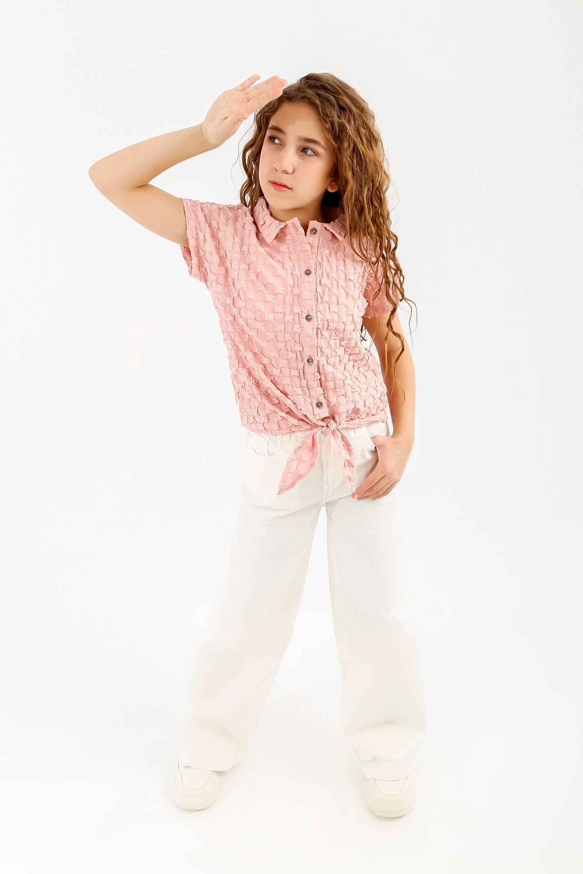 Girls Summer Set - Textured Pink Tie-Front Shirt with Wide-Leg White Pants